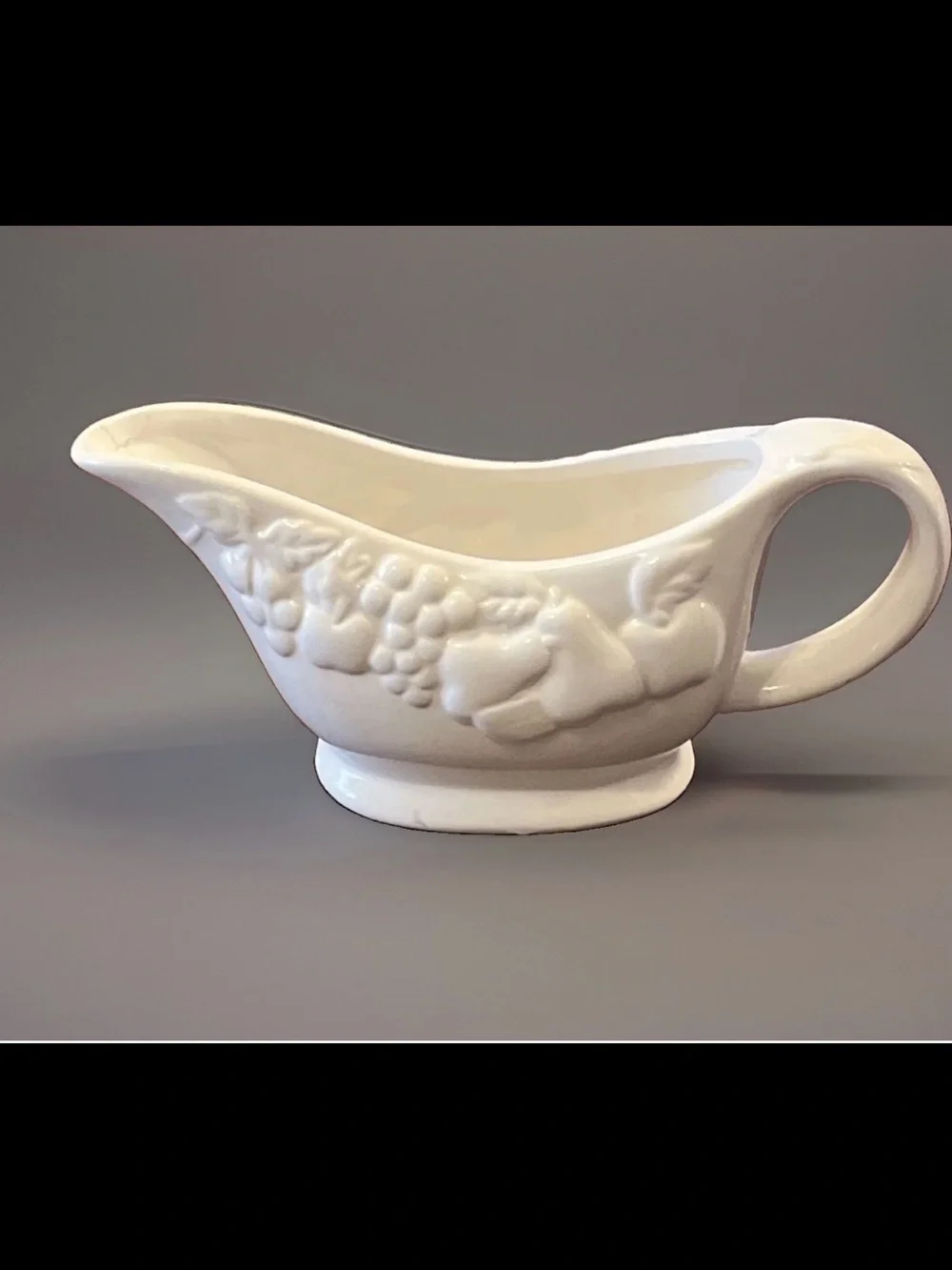 Retired Gibson White Embossed Ceramic Gravy Boat with Fruit Motif-discontinued